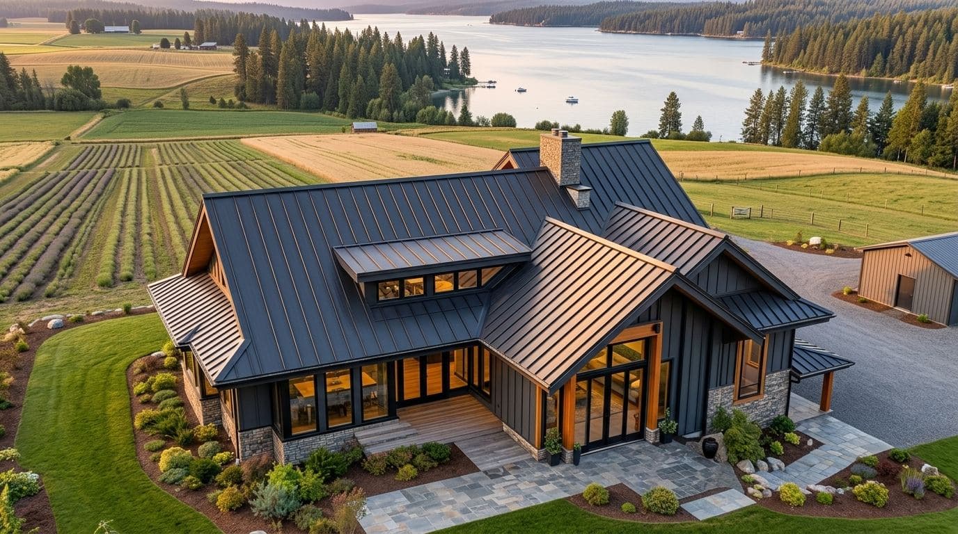 Charcoal standing seam metal roof on a premium lakefront home