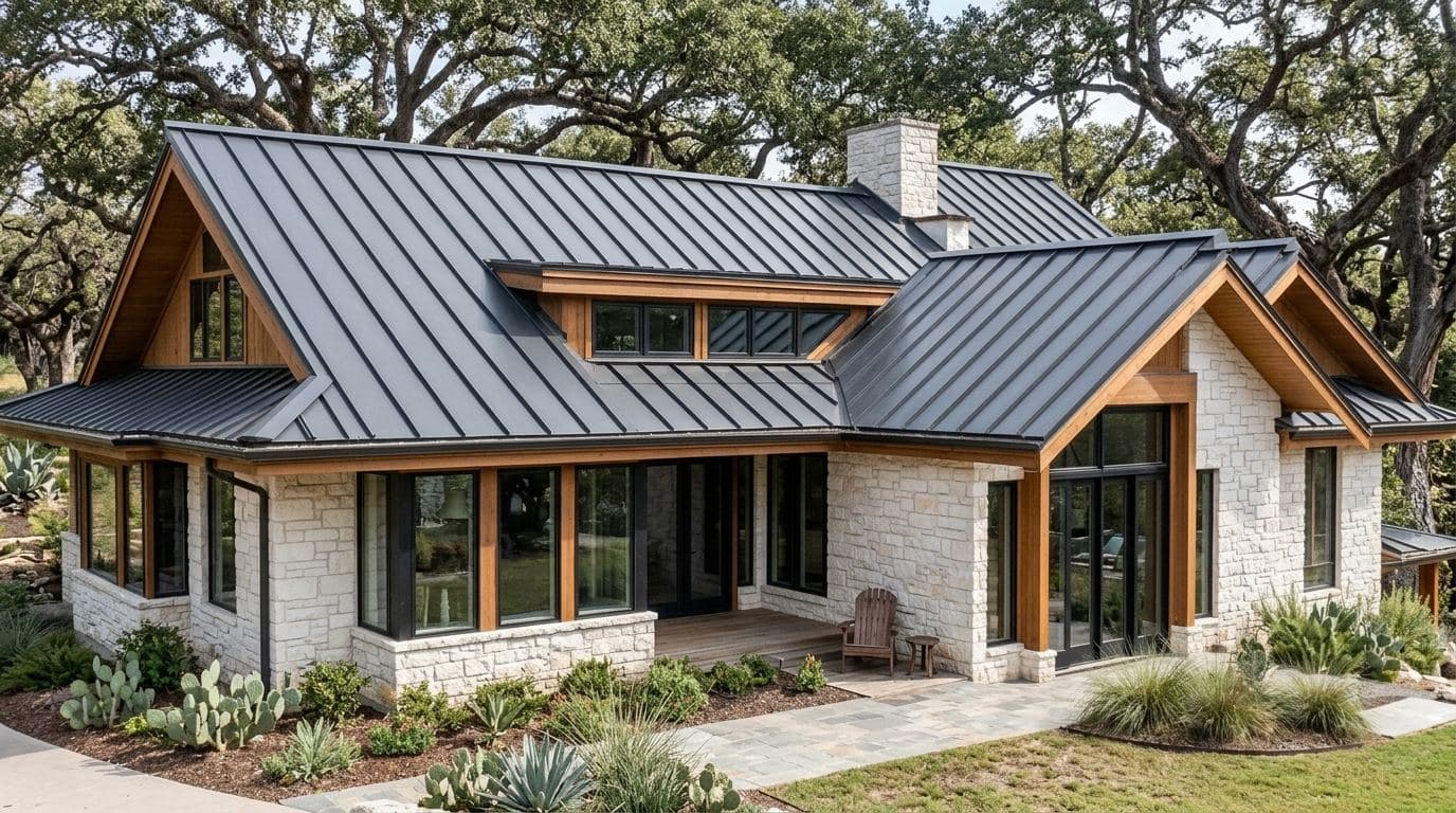 Charcoal standing seam metal roof on a limestone modern ranch