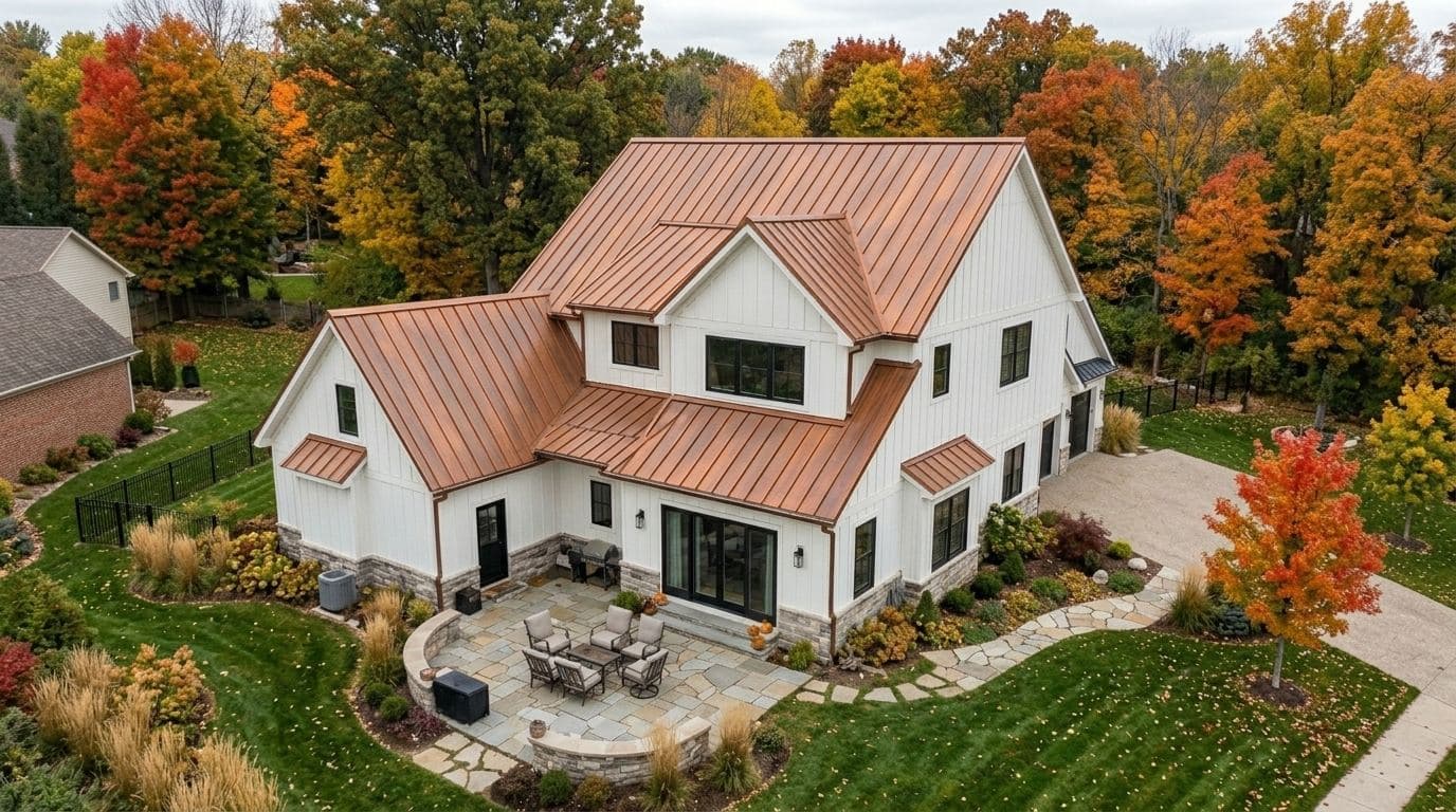 Copper standing seam metal roof on a white farmhouse