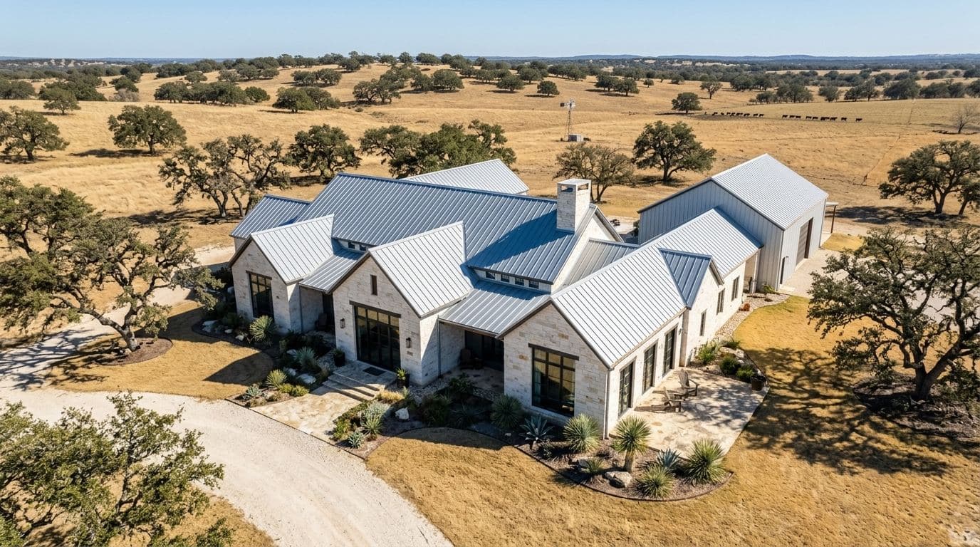 Galvalume standing seam metal roof on a Hill Country barndominium