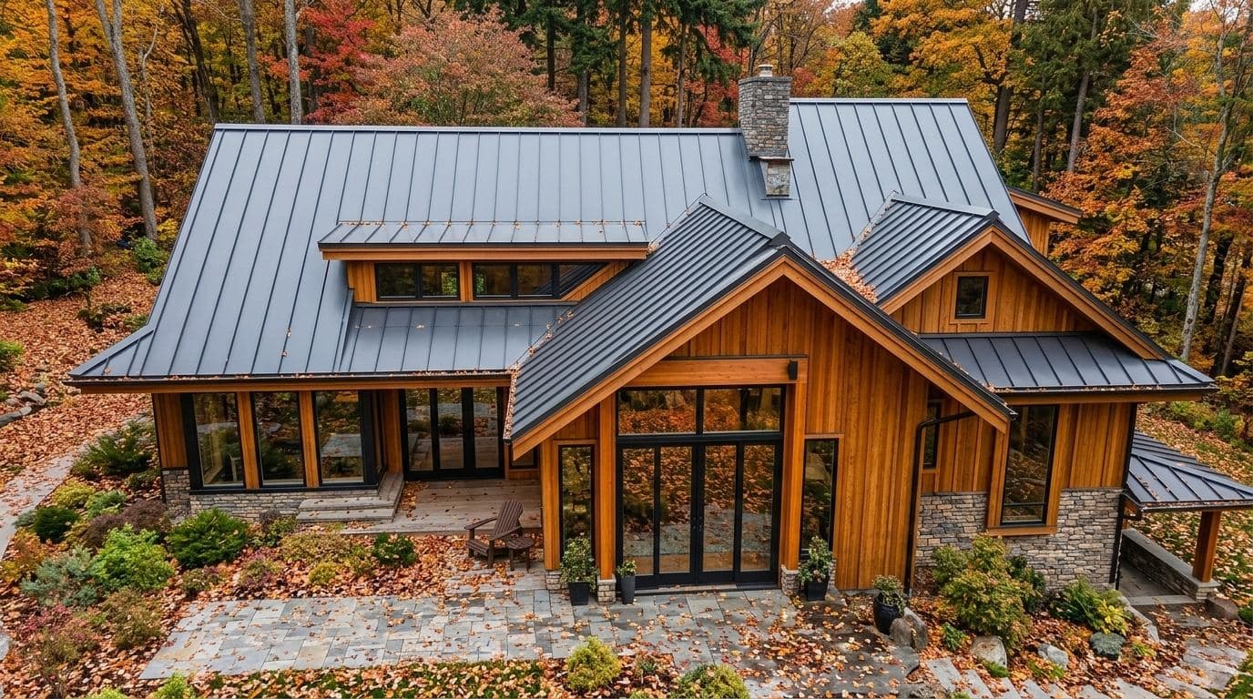 Graphite standing seam metal roof on a woodland retreat