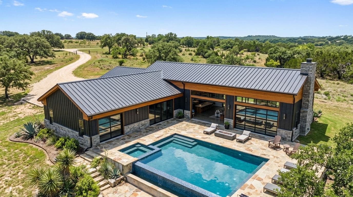 Matte black standing seam metal roof on a modern ranch home