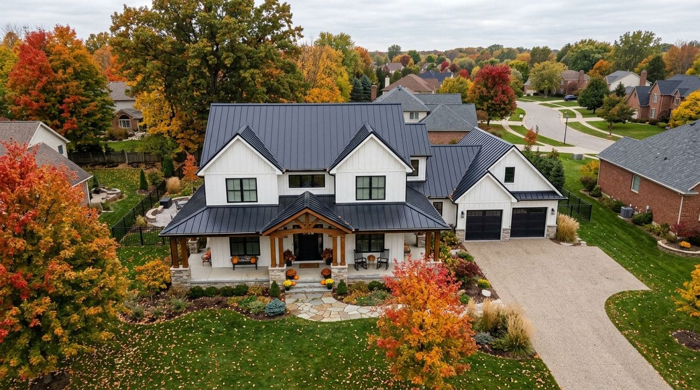 Slate blue standing seam metal roof on a modern farmhouse