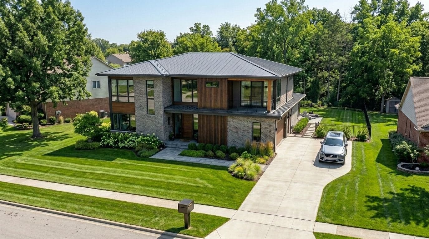Zinc gray metal roof on a modern suburban home