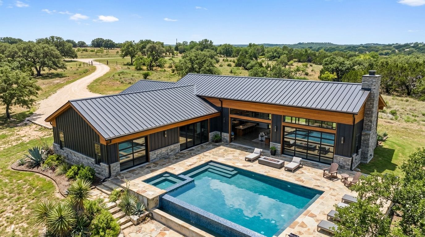 Matte black standing seam metal roof on a modern ranch home
